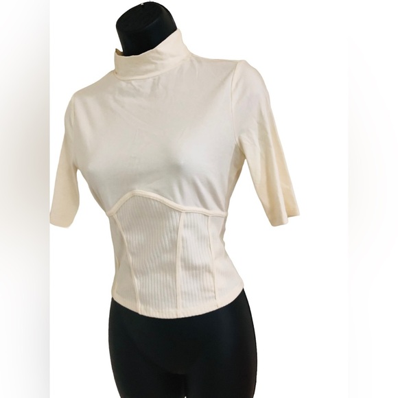Guess cream mock‎ neck knit fitted panel contour waist knit top shirt size 4 new - Picture 1 of 14